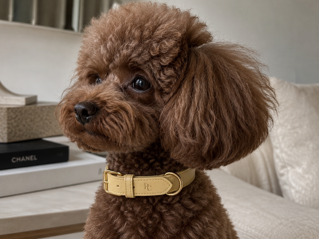 Belle Époque Hundehalsband Butter Yellow – Poodle Club am Hund getragen