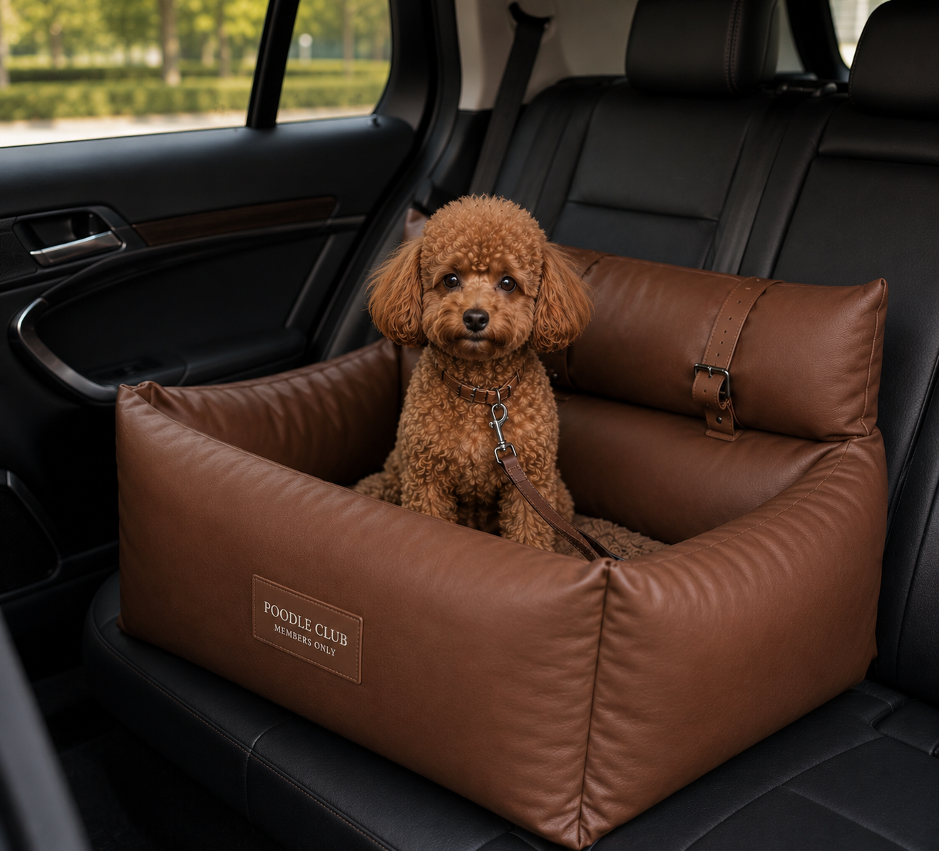 Le Trône Hundeautositz Braun – Poodle Club Detailansicht veganes Leder